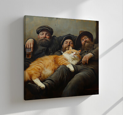 Betrunkene Männer und eine Ingwerkatze Vintage Gemälde Leinwandbild Wandbild Wohndeko
