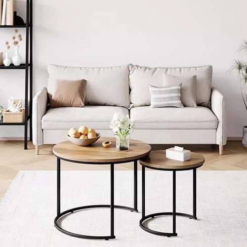 Couchtisch 2er Set Beistelltisch rund Wohnzimmertisch aus Holz und Metall Klein - Bild 4 von 6