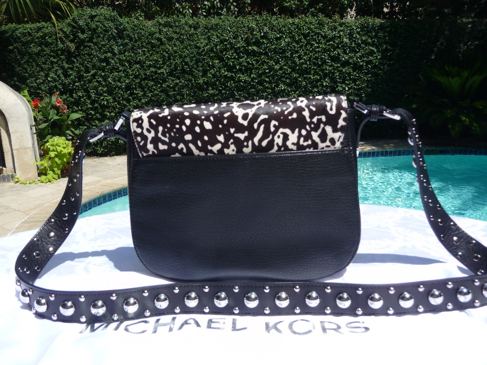 Michael Kors Womens Hayes Black/white Calf Hair Leather Crossbody