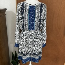 LOFT Blue Floral Tie Waist Henley Shift Dress Mosaic Long Sleeve Small Boho