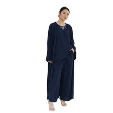 Open Kaftan Abaya Muslim Women Causal Kimono 3Piece Sets Blouse Top Long Pants