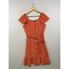 Monteau Cottagecore Boho Womens Sm Orange Floral Button Front Ruffle Mini Dress