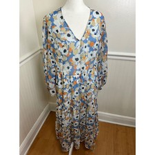 Joie Women's Maxi Dress Floral Print Long Sleeve Sheer Blue Orange Women Size L
