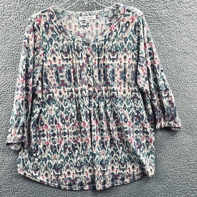 Rose Olive Womens Peasant Henley Top 1X Abstract 3/4 Sleeve Boho Fall Layering