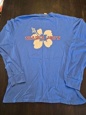 Trader Joes T Shirt Medium Unisex Long Sleeve Royal Blue - Hibiscus Style