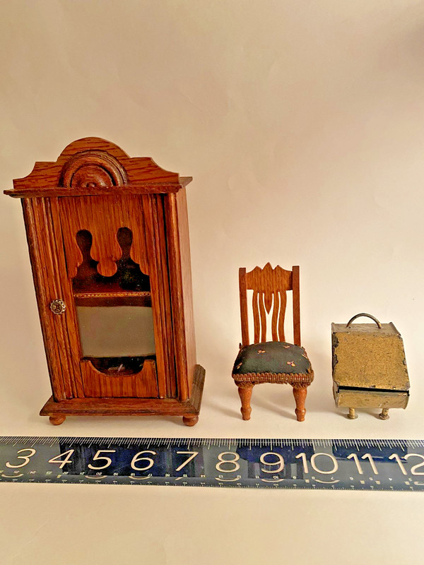 Antique German Dollhouse: wood Cupboard, chair, Gebruder Bing metal coal scuttle