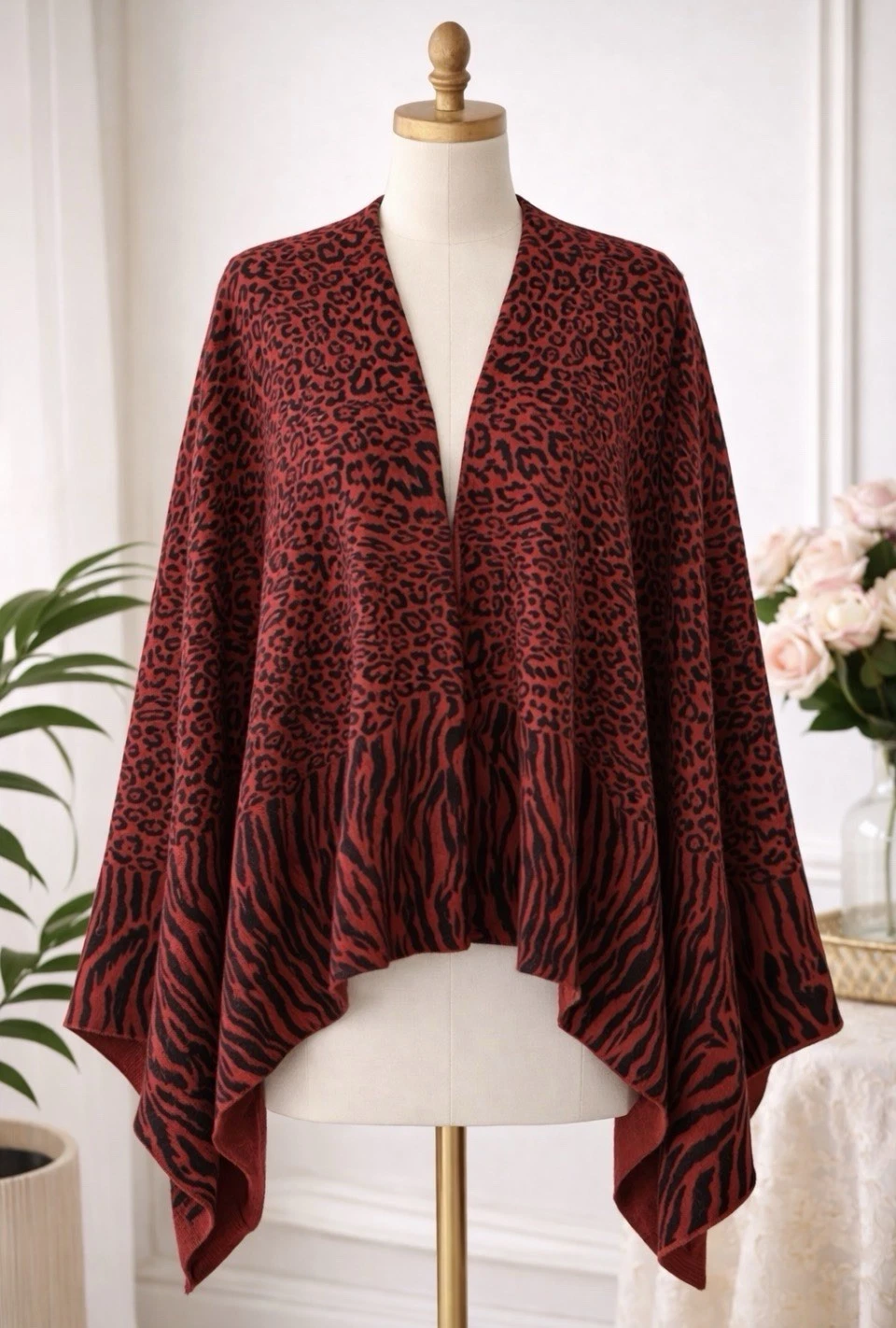 IN Cashmere 100% Cashmere Burgundy, Red Black Animal Print Poncho Wrap Shawl O/S