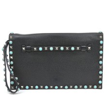 Auth Valentino Garavani Clutch Bag Black/Blue Leather/Metal - h31655a