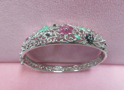 Ross Simons 7'' 925 Sterling Silver Hinged Ruby Sapphire Emerald Bangle Bracelet