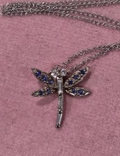 Dragonfly Diamond Sapphire 14k Solid White Gold Necklace