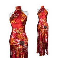 Vintage Y2K Red Satin Halter Maxi Dress: Gold Baroque Print