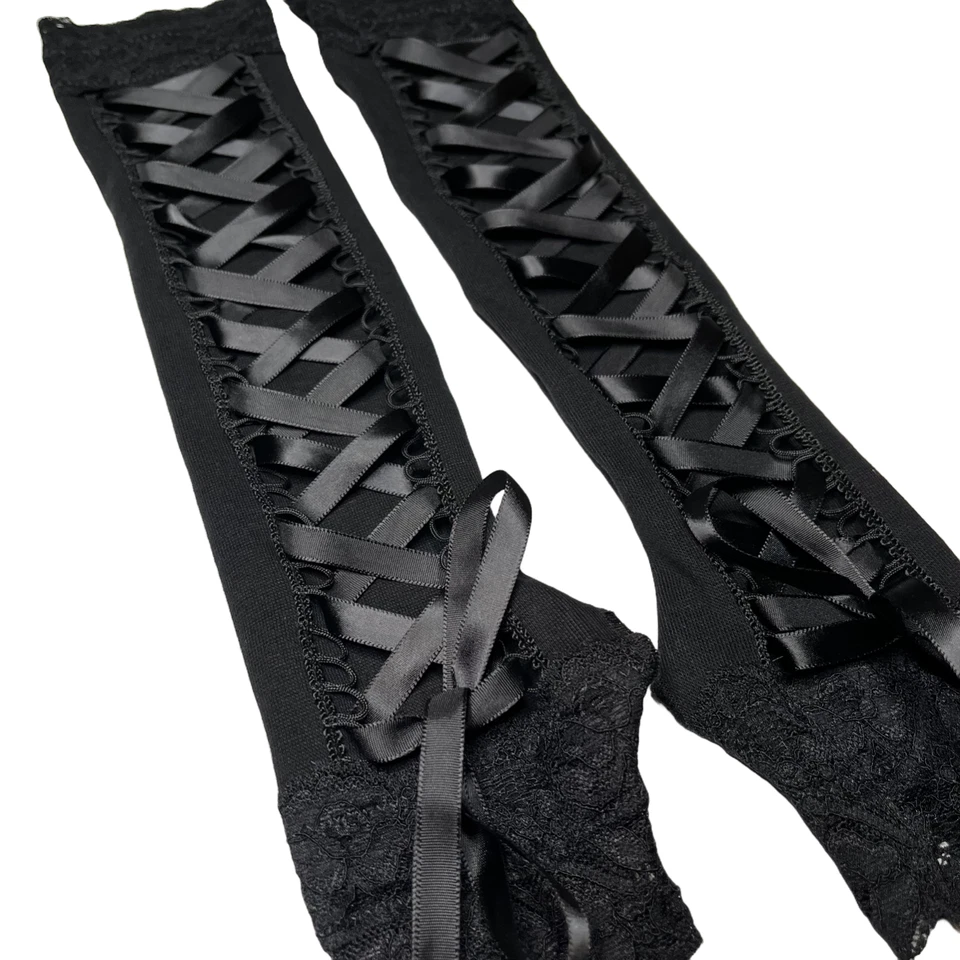 Womens Lace Up Long Corset Gloves Black Elbow Length Fingerless Gloves Gothic OS - Image 3 of 4