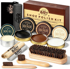 12 PCS Shoe Polish Kit - Horsehair Brushes, Black Brown Neutral Polish,Mink Oil