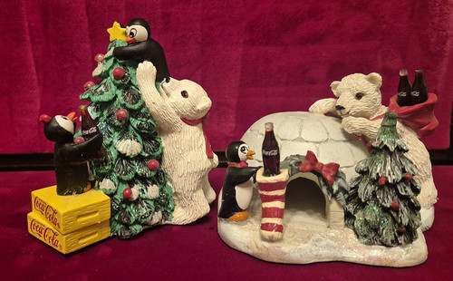 2 Vintage 1995 Coca-Cola Polar Bear Cubs Christmas Figurines 72010/13
