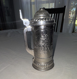 Silver Metal Beer Stein 0.5L with Hinged Lid, Glass Insert, Embossed Handle