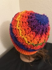 Handmade Crochet Rainbow Beanie Hat Multicolor Yarn, Colorful Soft Warm Cap