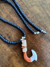 Hawaiian Jewelry Fish Hook Pendant  Genuine Koa Wood, Buffalo Bone