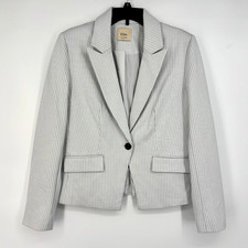 Elie Tahari Womens Large Fits 12 One Button Blazer Jacket Pale Gray Pinstripe LS