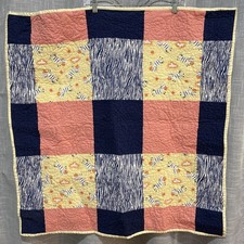 Vintage Baby Patchwork Quilt Handmade Square 33.5  X33.5  Zebras Blue Pink Yellow