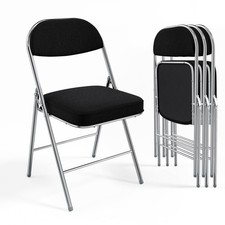 4 Folding Chairs Padded Seat Backrest Metal Frame Corduroy 350 lb Capacity Black