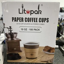 LITOPAK 100 Pack 10 oz Disposable Paper Coffee Cups with Lids, Sleeves and St...