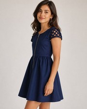 Be Bop Sun Dress S Small Blue Cotton Lattice Cap sleeve Summer Boho Festival
