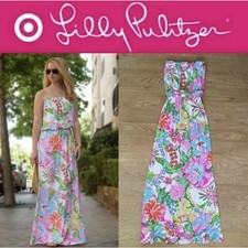 Lilly Pulitzer for Target MAXI Long Dress Nosey Posey Strapless White Pink Sz M