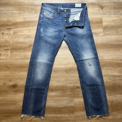 Diesel Larkee Jeans Men 29x30 Blue Straight Leg Stretch Contrast Raw Hem 0853R