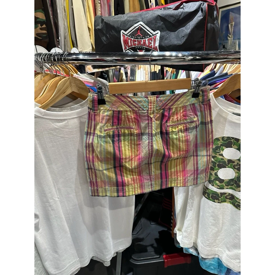 Retro Y2K Antiguo Azul Marino Rosa Amarillo Multicolor Cuadros Preppy Micro Mini Falda Talla 0 Foto 4 de 4