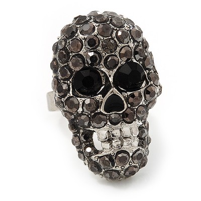 Black Crystal Skull Cocktail Ring In Silver Tone - Adjustable/ Size 7/8