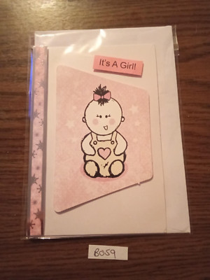 B059 Handgefertigte Personalisierte Neu Baby Mädchen Karte Rosa Herz Silber Sterne 6x4''