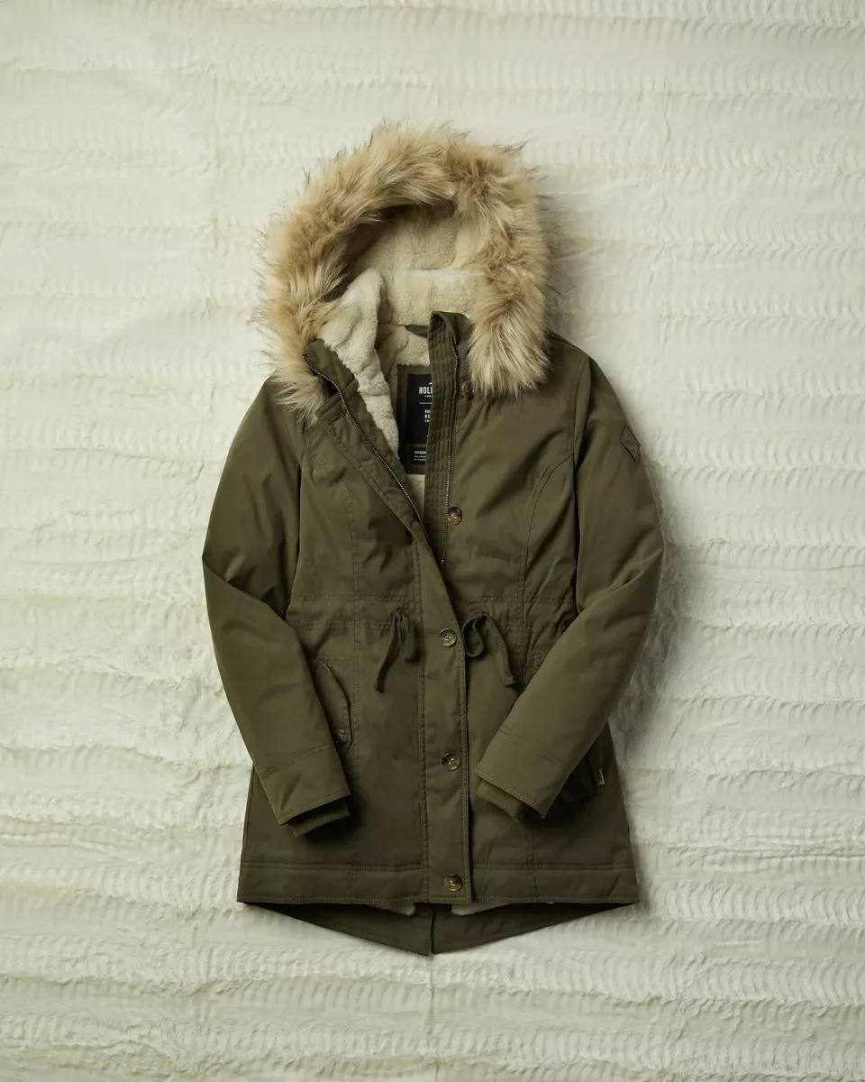 NWT Hollister by Abercrombie&Fitch Cozy-Lined Parka Faux Fur Coat Jacket  Olive