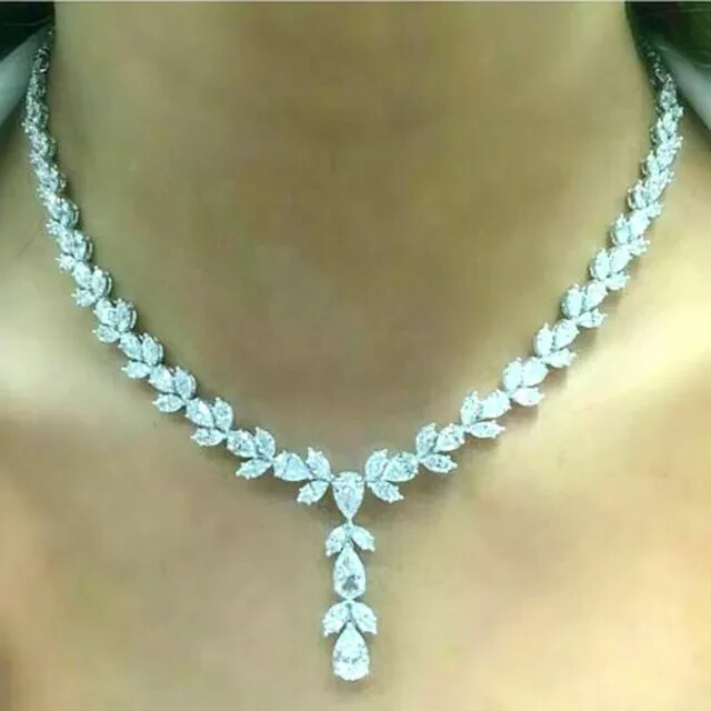 14K White Gold Plated 26CT Pear Cut Lab Diamond Tennis Necklace 18 Inch