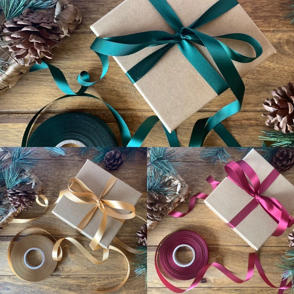 ECO HOME BUSINESS Christmas Satin Ribbon Eco Friendly Wood Pulp Green Gold Gift Wrapping 50m Spool