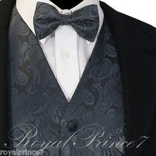 CHARCOAL GRAY Paisley Vest Waistcoat  Bow tie Formal Wedding Prom Tuxedo