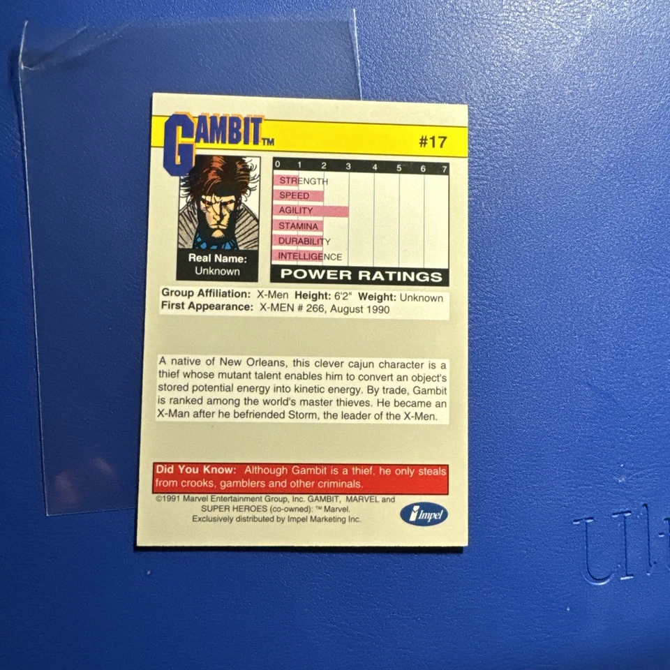 1991 Marvel Universe (Impel) Super Heroes #17 Gambit NM - Image 2 of 2
