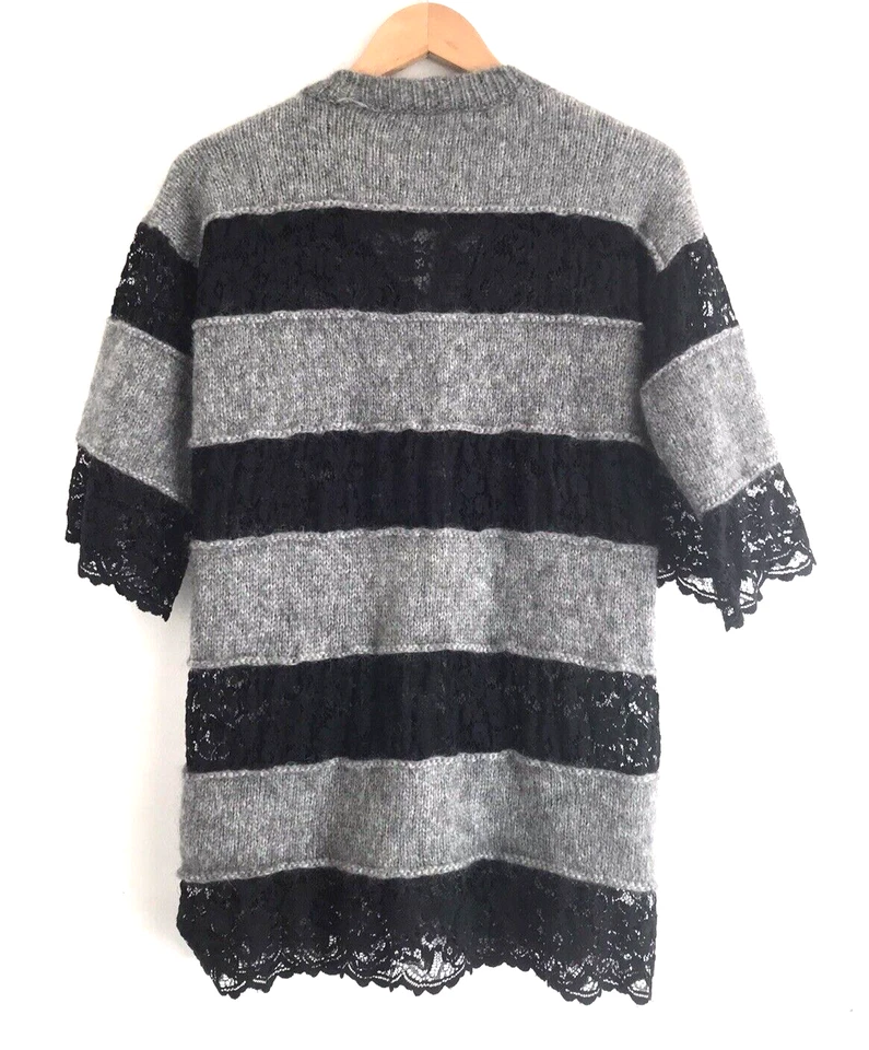 DOLCE GABBANA D&G Mujer Suéter Cárdigan Gris Lana Tejido Negro Encaje Rayas Talla M Foto 2 de 4