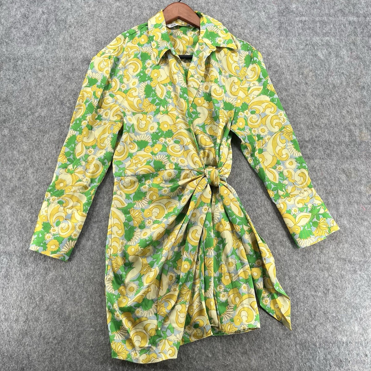Zara Satin Wrap Dress Size S Yellow Green Floral Paisley Blogger