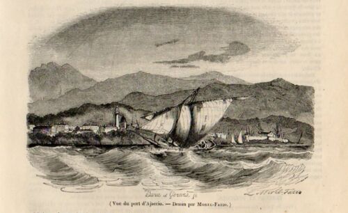Stampa antica AJACCIO veduta dal mare barca Corsica Corse 1844 Gravure ancienne - Foto 1 di 1