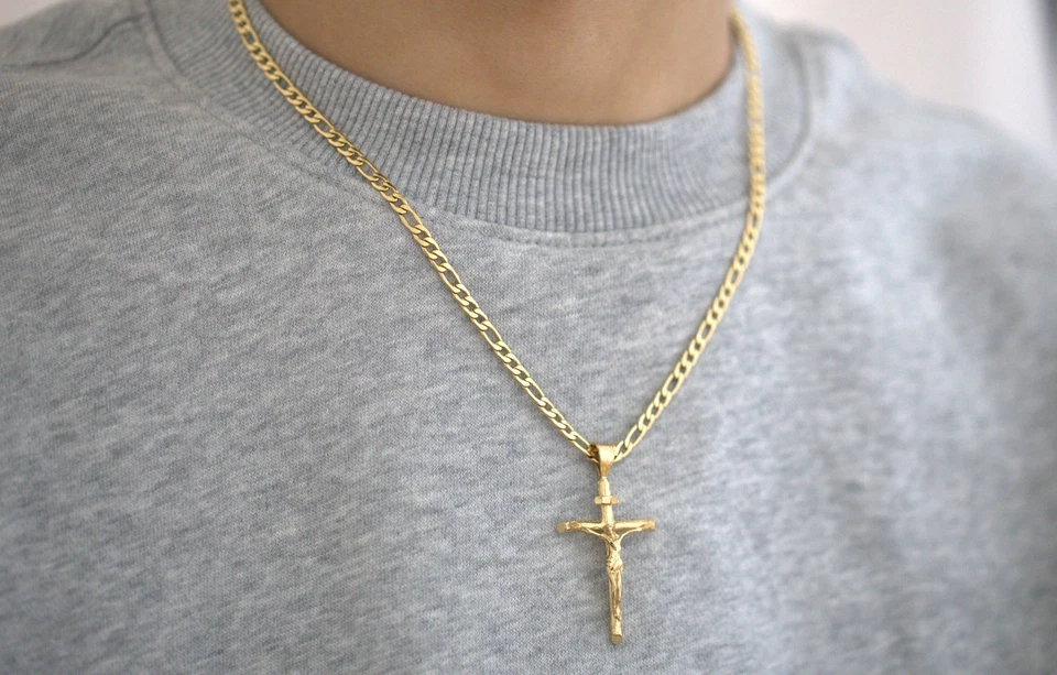 Gold Crucifix Necklace for Men, 14k Heavy Plated Gold, 4mm Figaro Chain - Image 3 of 4