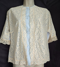 Vtg 50s Vanity Fair Pajama Blouse Top or Bed Jacket Baby Blue Nylon Lace Size 34