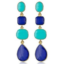 Kenneth Jay Lane Enamel Turquoise & Lapis Clip On Earrings 22k Plated Never Worn
