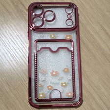 Clear Pink Floral Transparent Back Phone Case, Patterned Cover w/ Card Pocket