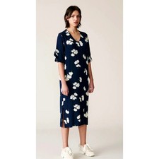 GANNI Silvery Crepe Floral Midi Dress Size S 100% Viscose Short Sleeves V Neck
