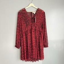 Michael Kors Leopard Print Georgette Mini Dress Red Blaze Long Sleeve 8 NWT