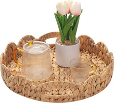 round Scalloped Serving Tray, 14 Inch | Decorative Water Hyacinth, Scalloped Bas