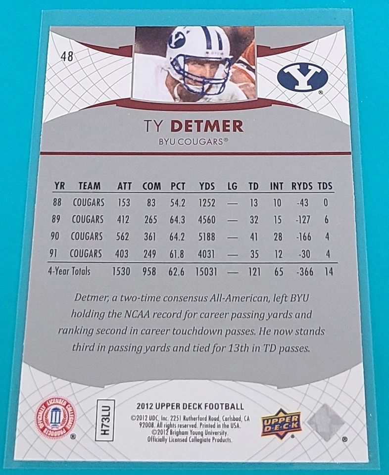 2012 Upper Deck    #48 Ty Detmer BYU Cougars Football Card E4 - Image 2 of 2