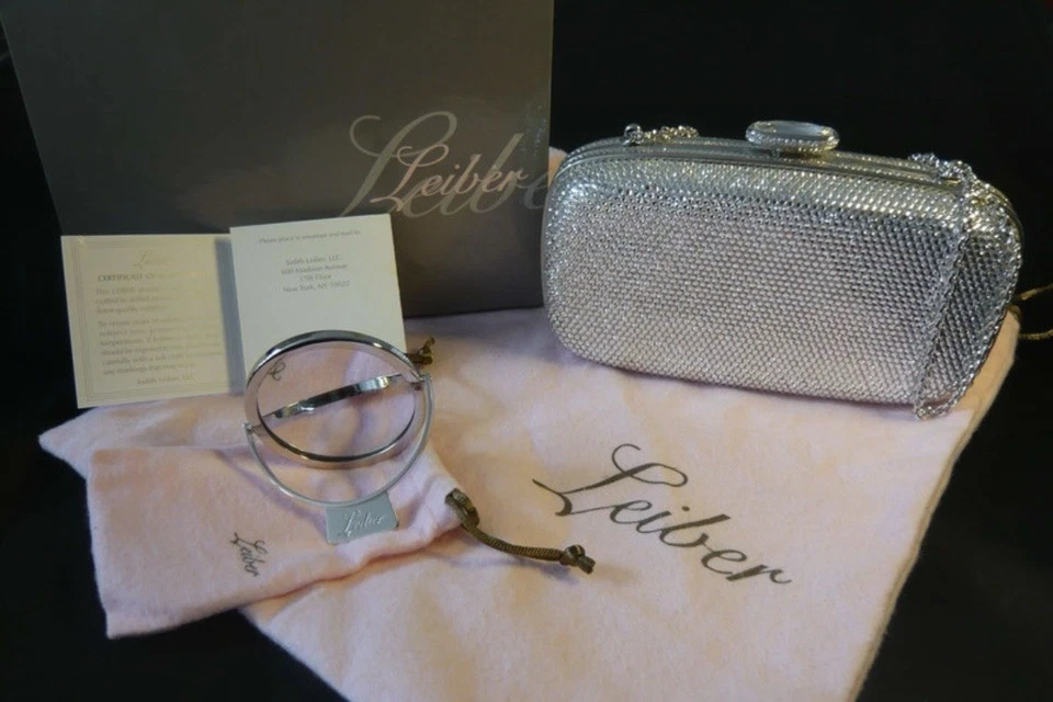 Judith Leiber sac de soirée métal argenté cristaux strass chaîne boîte & cartes - Photo 1/4