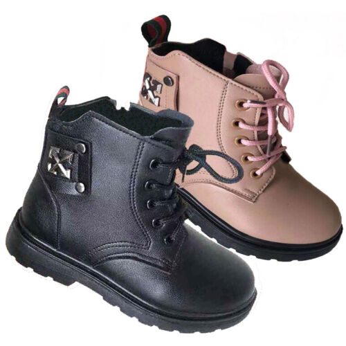 KIDS GIRLS WINTER WARM FUR LINED LACE UP DM GRIP SOLE ZIP SHOES BOOTS SIZE - Picture 1 of 4
