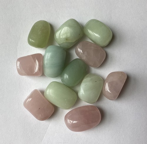 Lot of 12 VTG Pink and Green Stone Beads for Jewelry Making, Jade, Rose Quartz,.